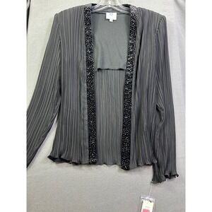Patra Women's Black Pleated Beaded Trim Open Front Cardigan Jacket Size 14 20469
